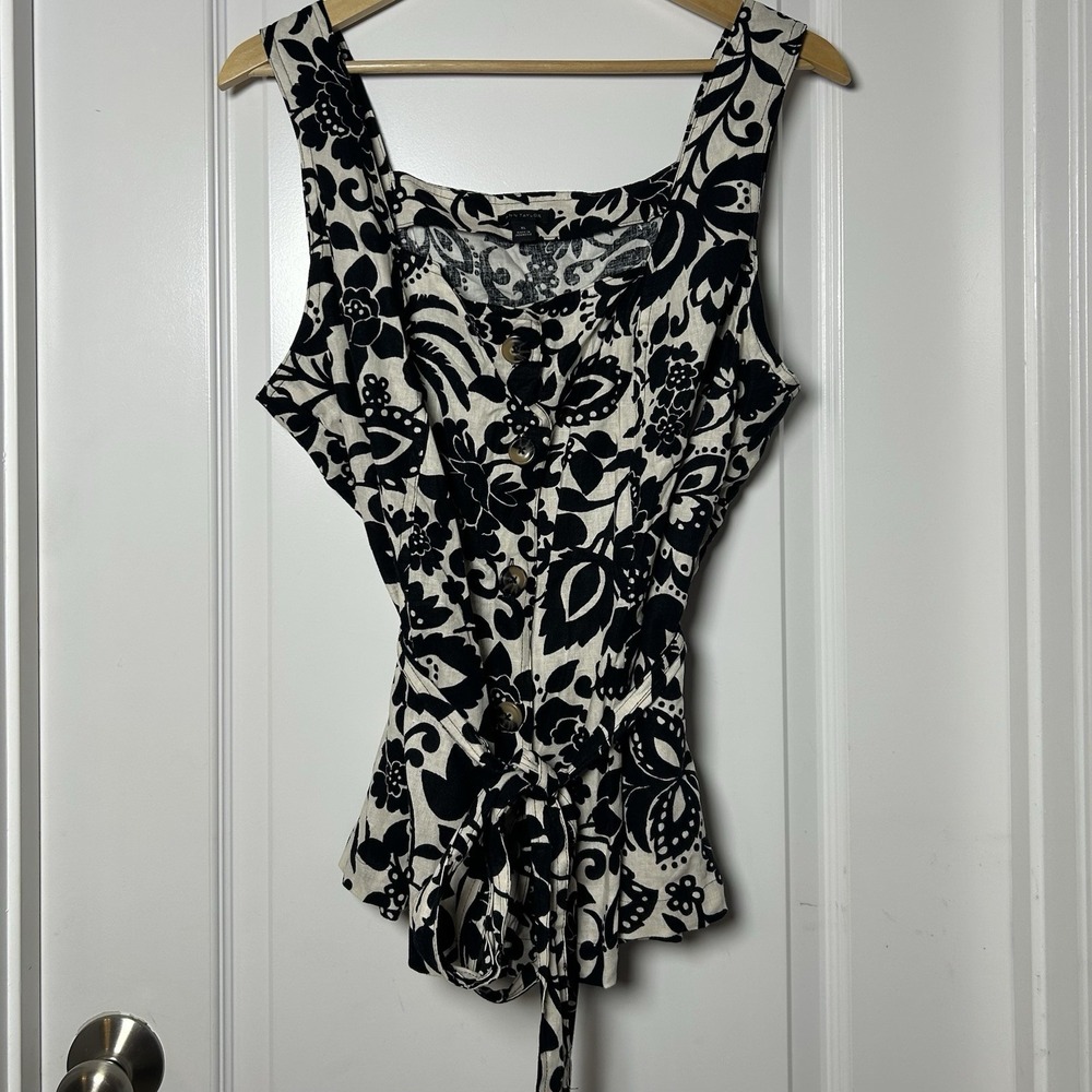 Ann Taylor Linen Blend Black Cream Botanical Floral Print Sleeveless Tie Up Top